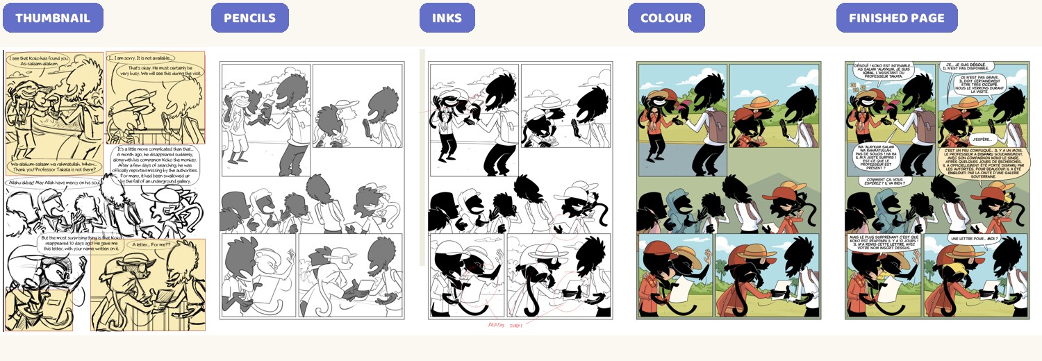 Page 9 in five states: thumbnail, pencils, inks, colour, finished page