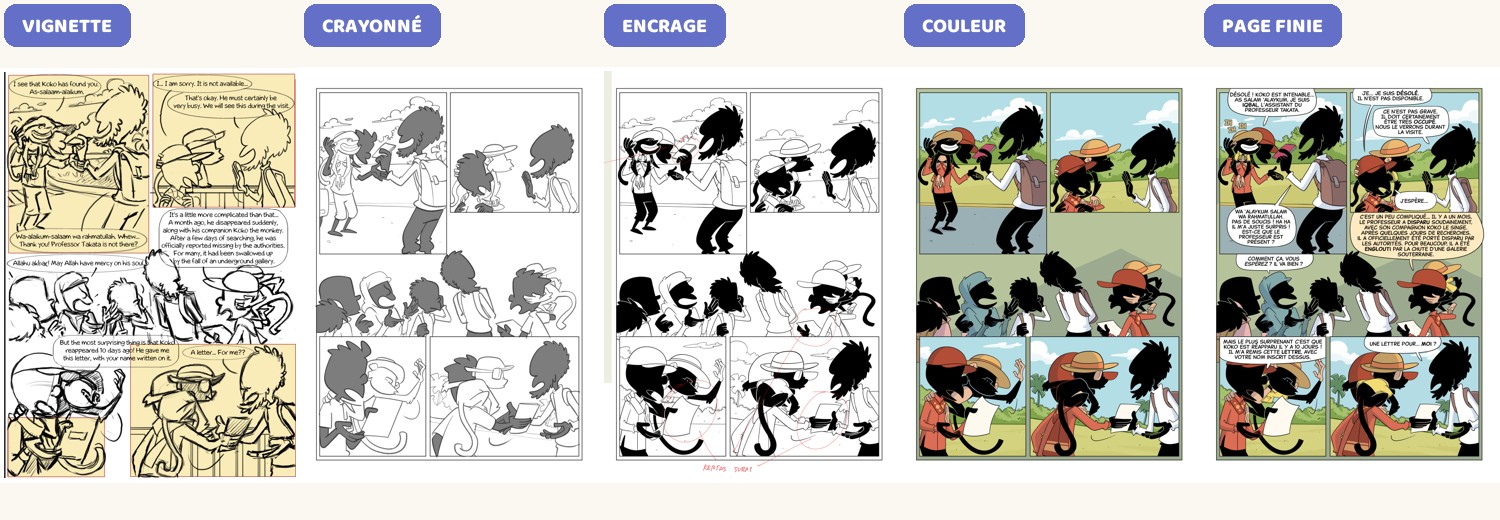 La page 9 en cinq états : vignette, crayonné, encrage, couleur, page finie