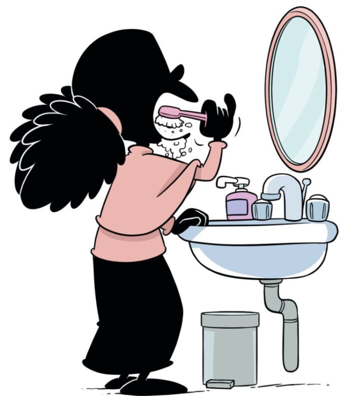 Une fillette se brosse les dents devant le lavabo et le miroir, dessin du guide illustré 100 Bonnes manières en Islam