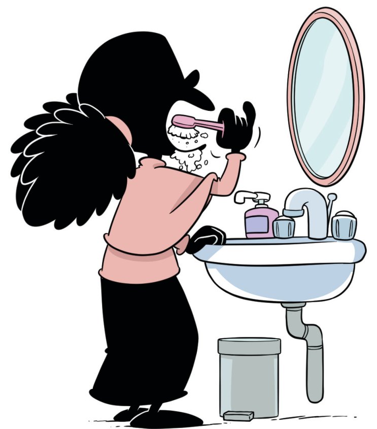 Une fillette se brosse les dents devant le lavabo et le miroir, dessin du guide illustré 100 Bonnes manières en Islam