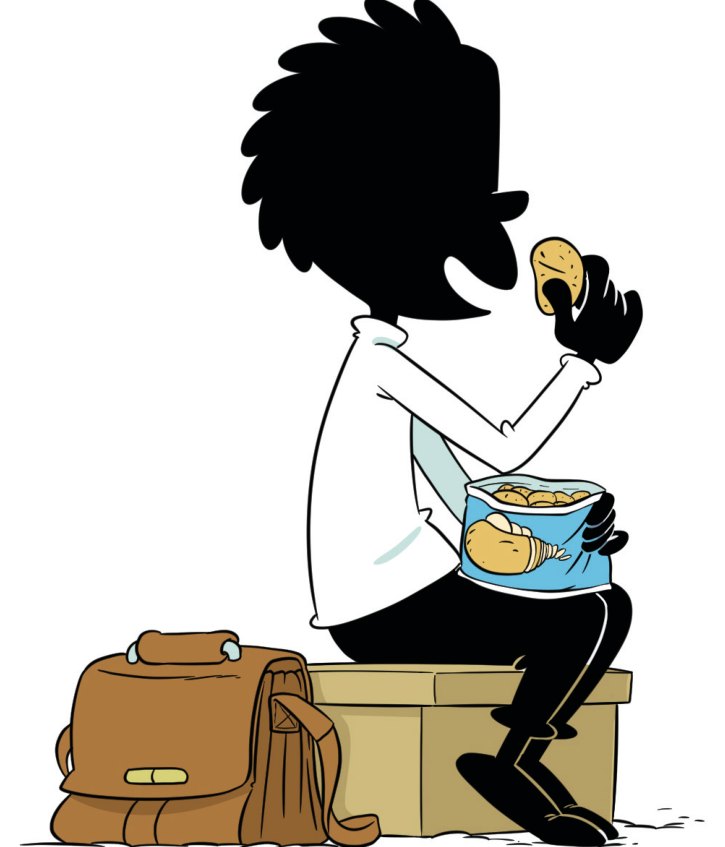 Un enfant assis sur un banc commence son goûter en disant bismiLlâh, dessin du guide illustré 100 Bonnes manières en Islam